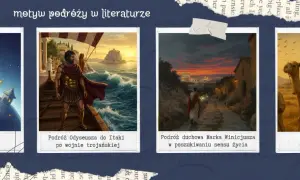 Ilustracje przedstawiające podróże: Mały Książę, Odyseusz, pielgrzym i dzieci na wielbłądach.