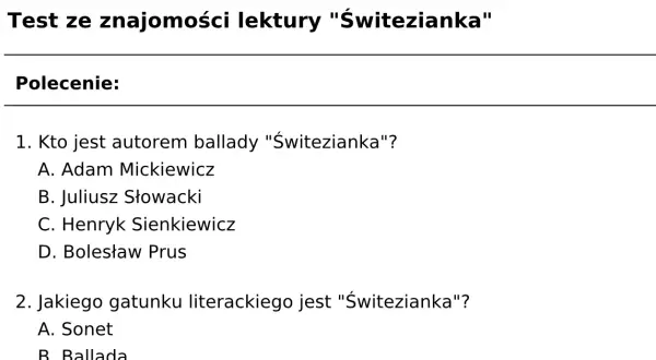 Świteź Mickiewicza: opracowanie, ćwiczenia i analiza lektury