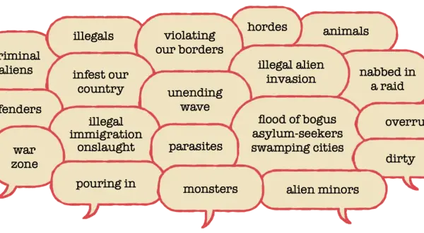 Dymki z negatywnymi określeniami dotyczącymi imigrantów, np. "illegals", "monsters".